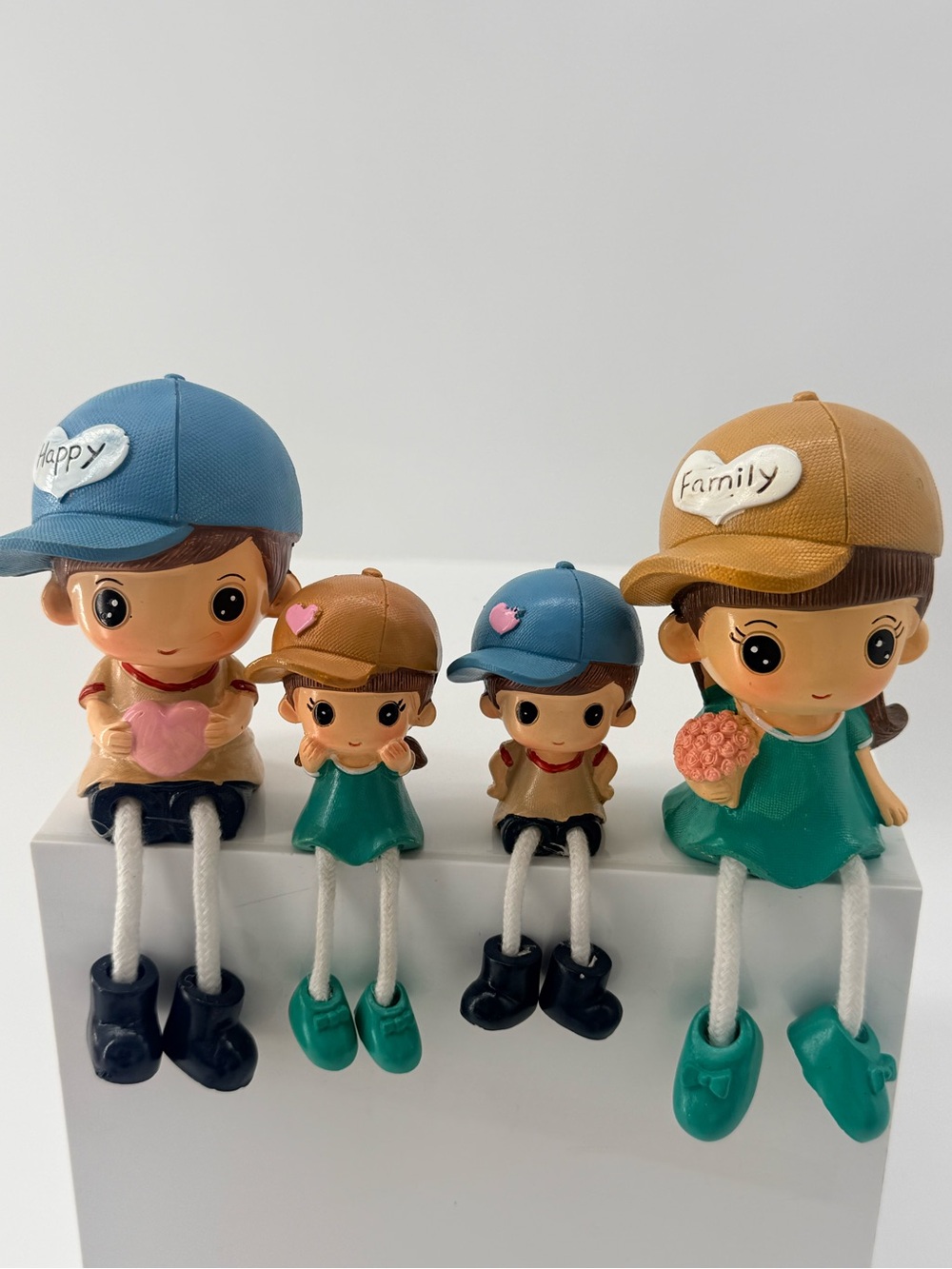 Family Doll Set – Teal Dresses with Blue & Tan Caps
